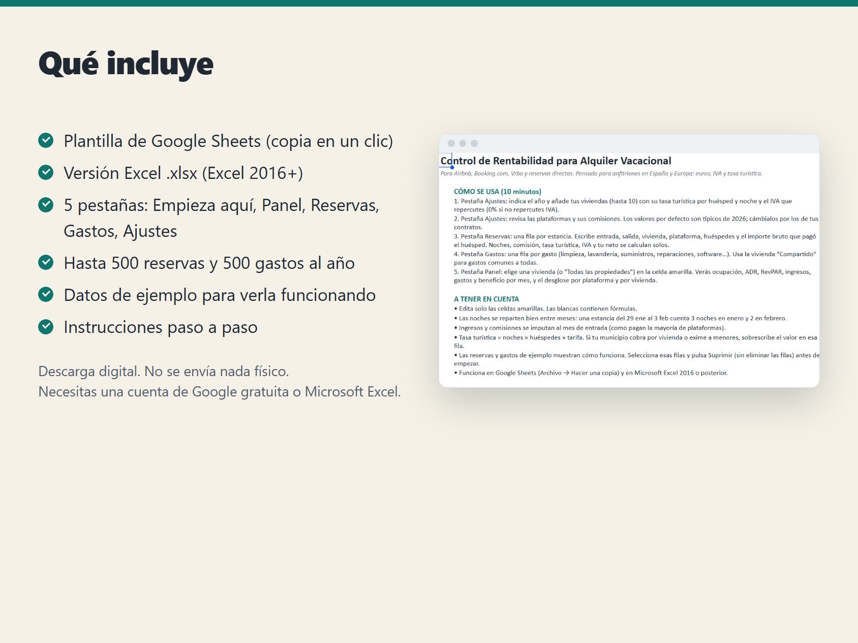 Qué incluye: enlace a Google Sheets, archivo Excel, 5 pestañas e instrucciones